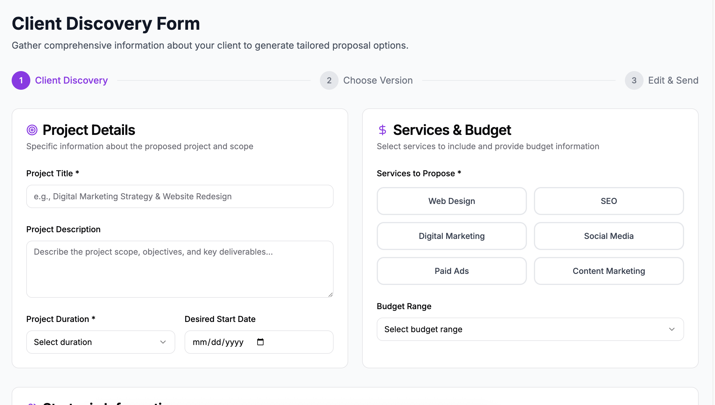 Client Discovery Form interface for gathering project details, services, and budget information