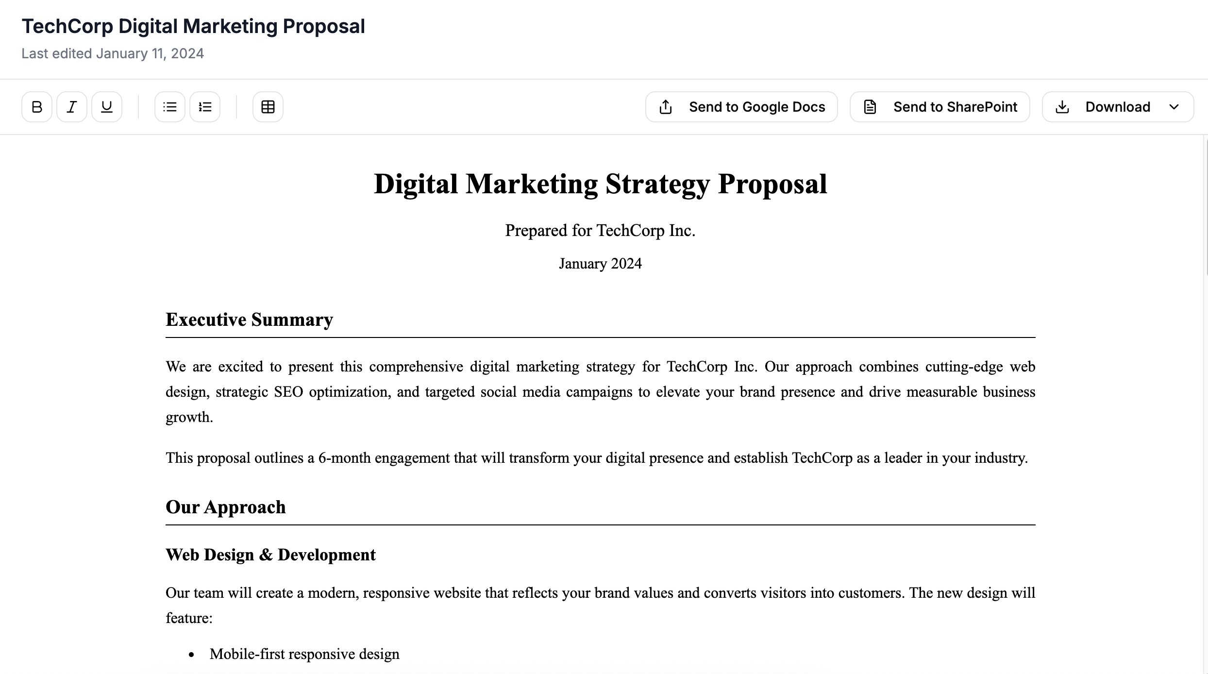 TechCorp Digital Marketing Proposal editor showing formatting tools and export options for Google Docs, SharePoint, and PDF download