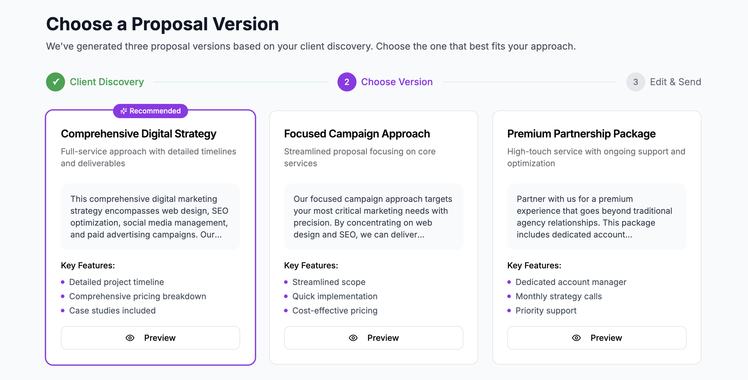 Choose a Proposal Version interface showing three different proposal approaches with recommendations